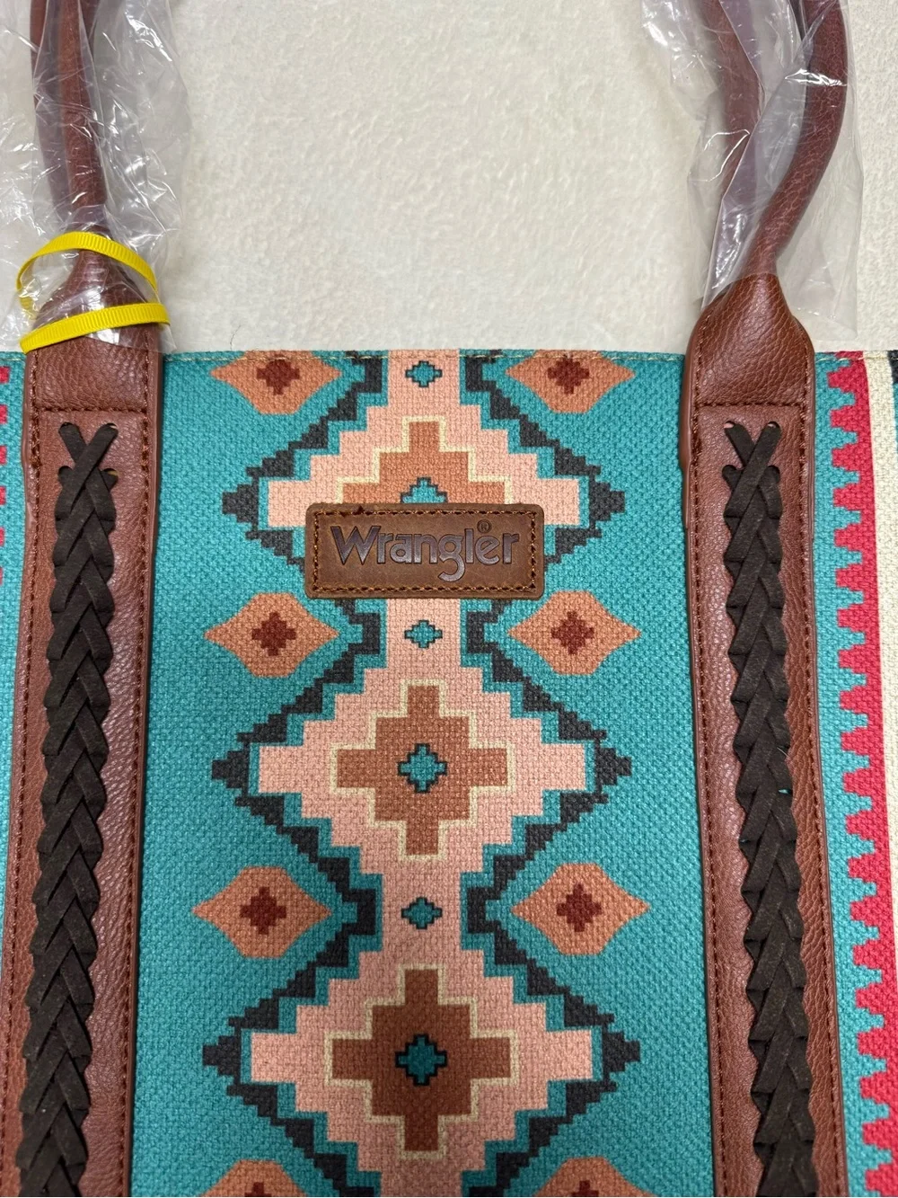 Wrangler Turquoise Aztec Pattern Tote with Brown Trim